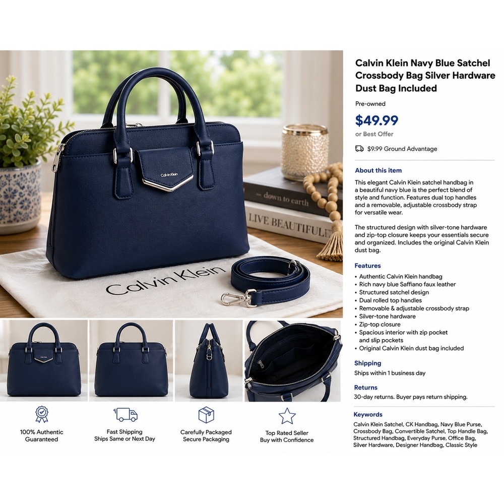 Calvin Klein Navy Blue Satchel Crossbody Bag Silver Hardware Dust Bag Included